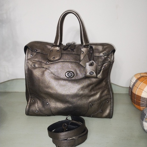 Coach Metallic Bronze (Greenish) Leather Studded Turnlock Satchel and Crossbody - Picture 1 of 16